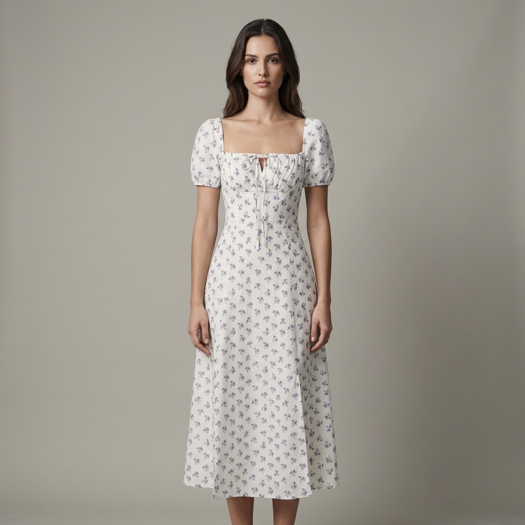 Elegante Abito Midi Floreale Scollo Quadrato Arricciato