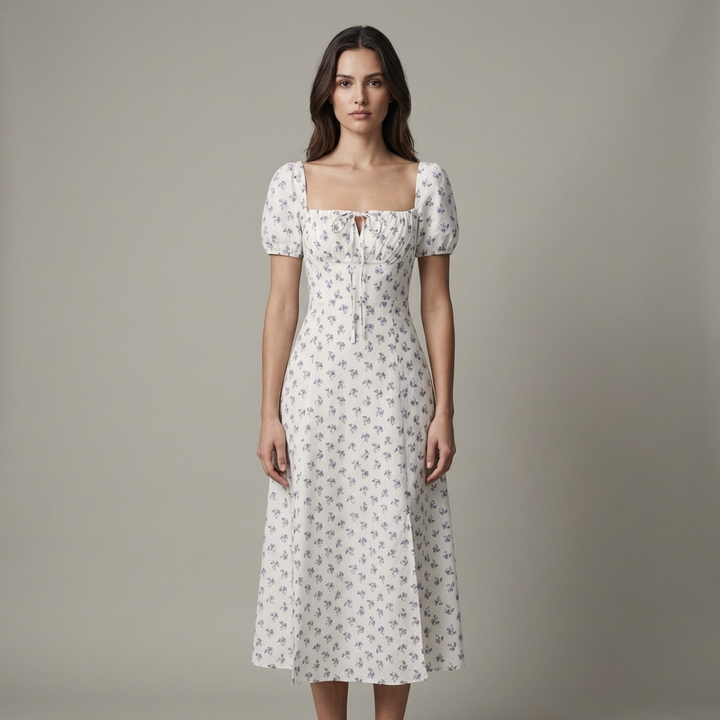 Elegante Abito Midi Floreale Scollo Quadrato Arricciato