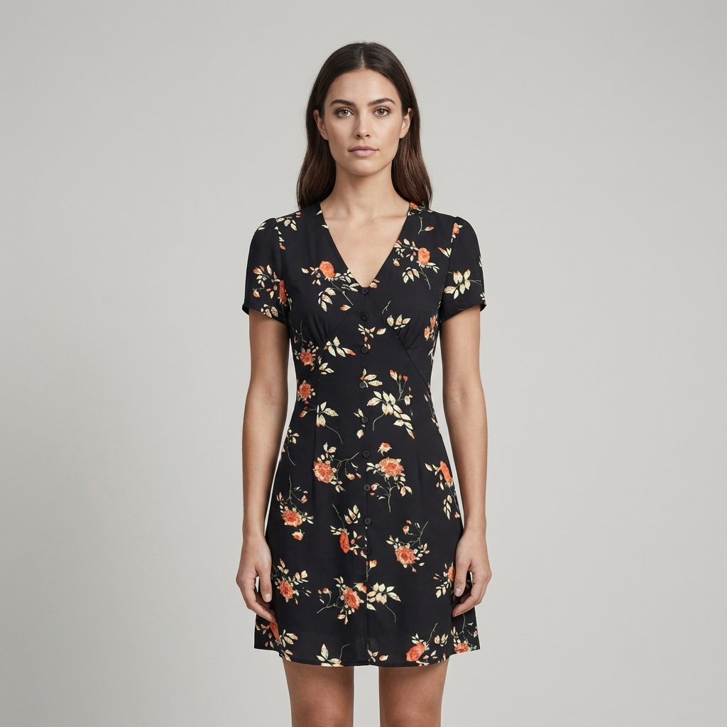 Elegante Abito Mini Floreale Scollo a V Abbottonato Linea A