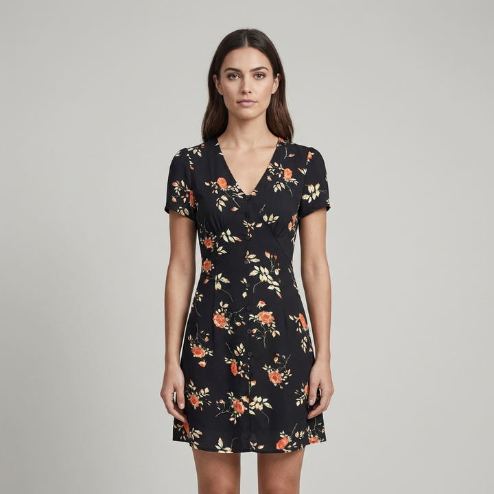 Elegante Abito Mini Floreale Scollo a V Abbottonato Linea A