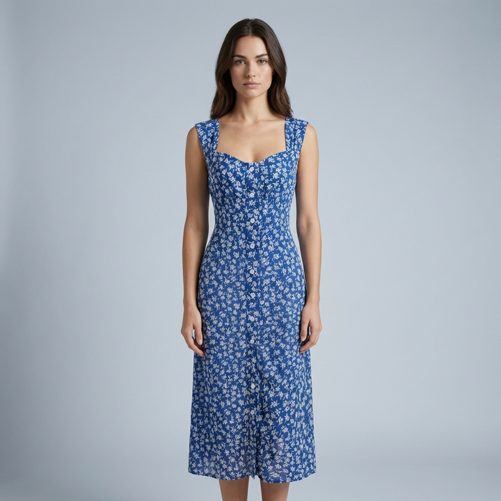 Elegante Abito Midi Floreale Scollo Cuore Donna