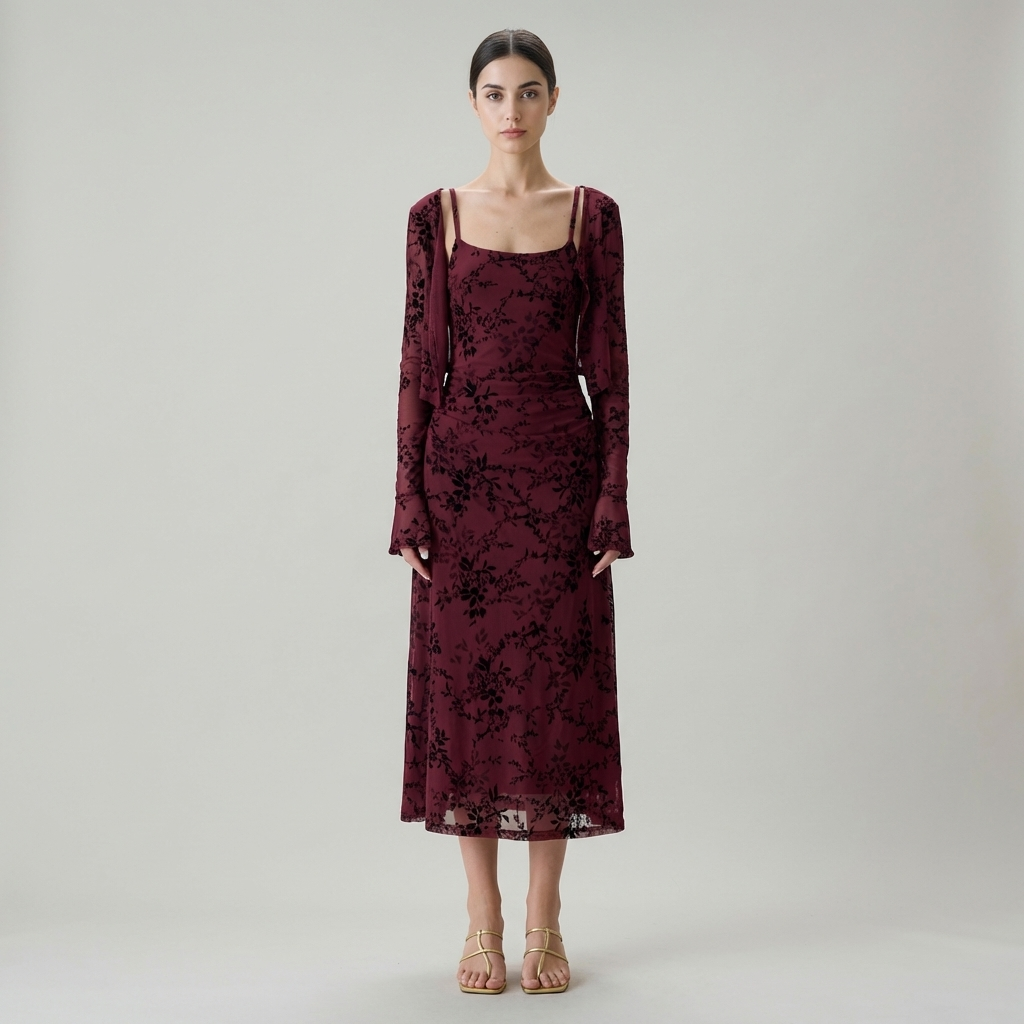 Elegante Abito Midi Floreale Rosso Bodycon Slip