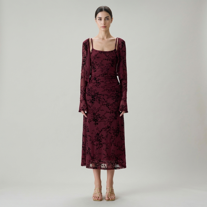 Elegante Abito Midi Floreale Rosso Bodycon Slip
