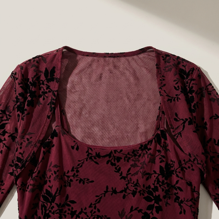 Elegante Abito Midi Floreale Rosso Bodycon Slip