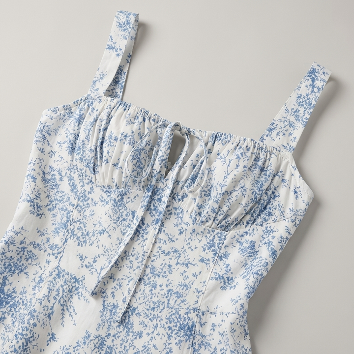 Elegante Abito Mini Floreale Blu Corset Arricciato Linea A