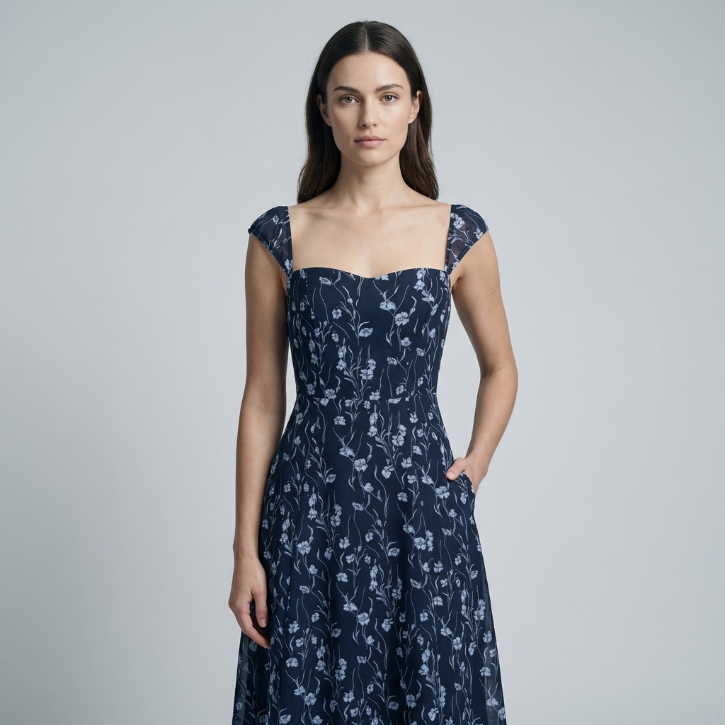 Elegante Abito Midi Floreale Navy Scollo Cuore