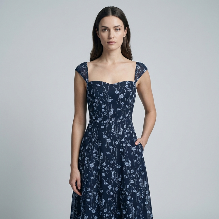 Elegante Abito Midi Floreale Navy Scollo Cuore