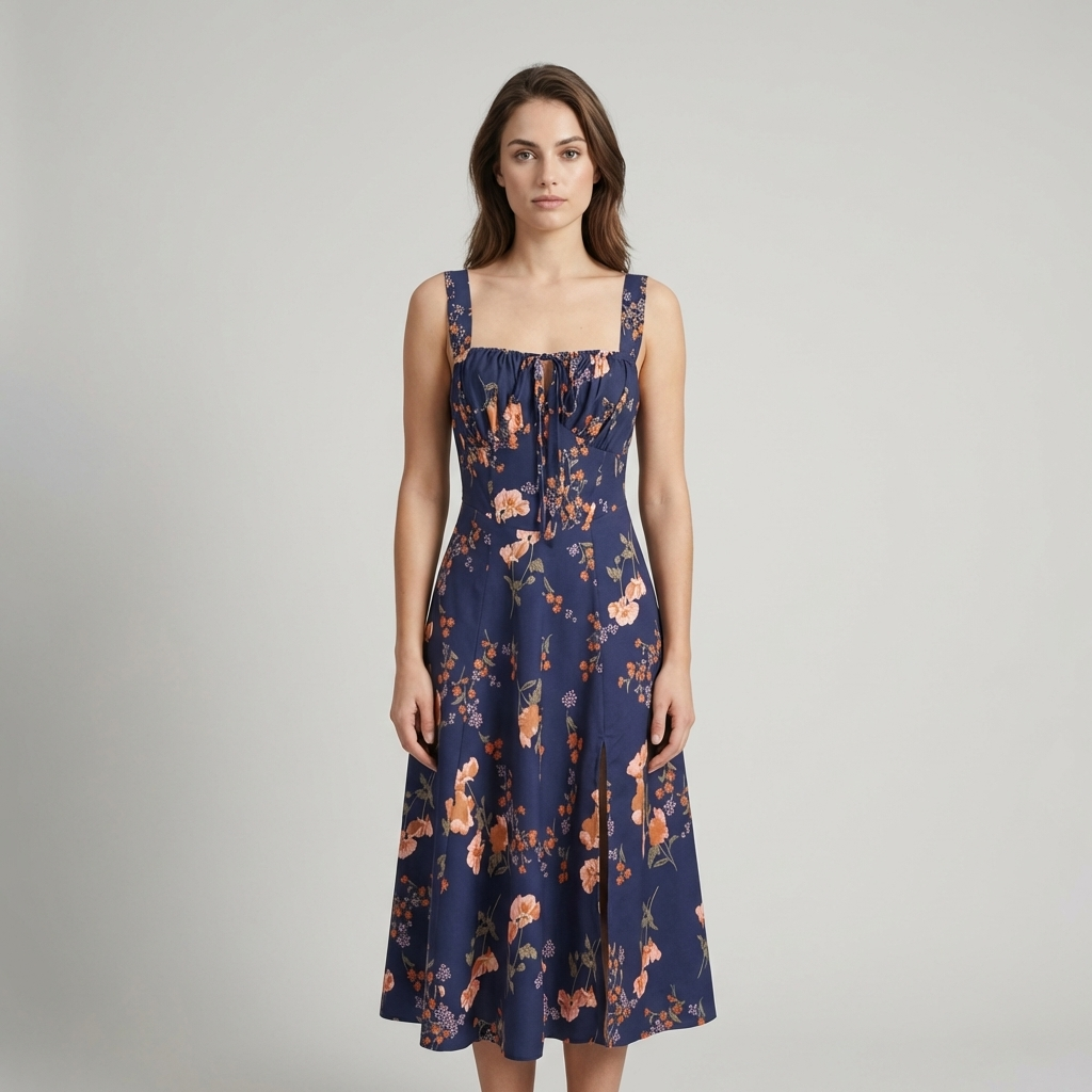 Elegante Abito Midi Floreale Navy Allacciato Arricciato