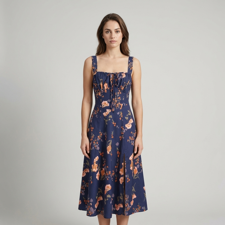 Elegante Abito Midi Floreale Navy Allacciato Arricciato