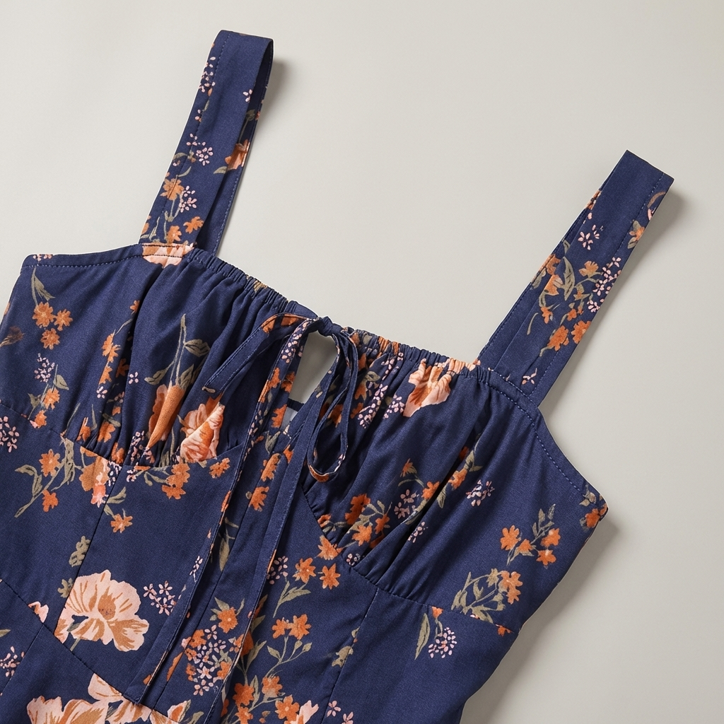 Elegante Abito Midi Floreale Navy Allacciato Arricciato