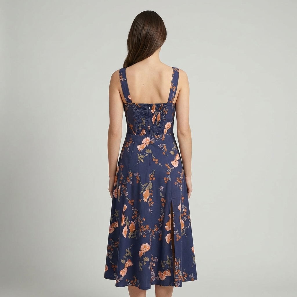 Elegante Abito Midi Floreale Navy Allacciato Arricciato