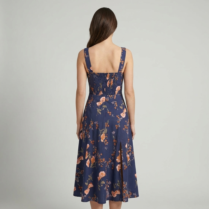 Elegante Abito Midi Floreale Navy Allacciato Arricciato
