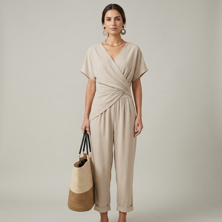 Elegante Set Estivo Donna Top Avvolgente Pantaloni Sartoriali
