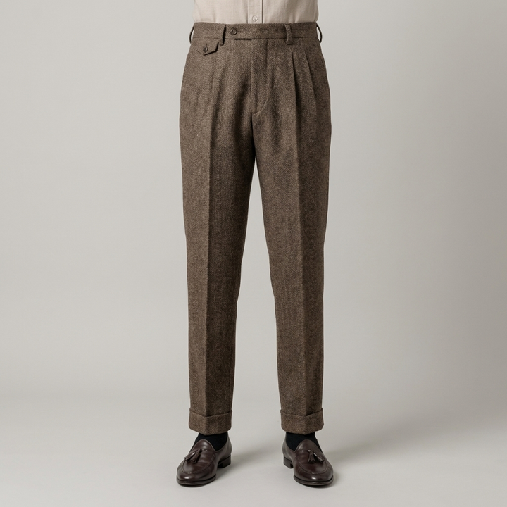 Elegante Pantalone Uomo Vita Alta Doppia Piega Gamba Dritta