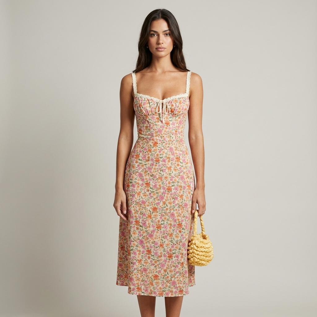 Abito midi elegante con spalline e bordi con stampa floreale