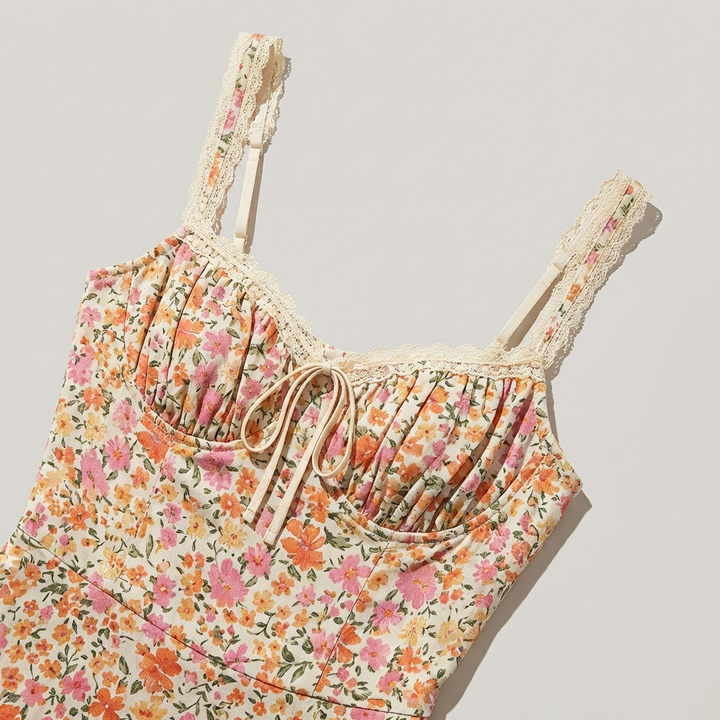 Abito midi elegante con spalline e bordi con stampa floreale