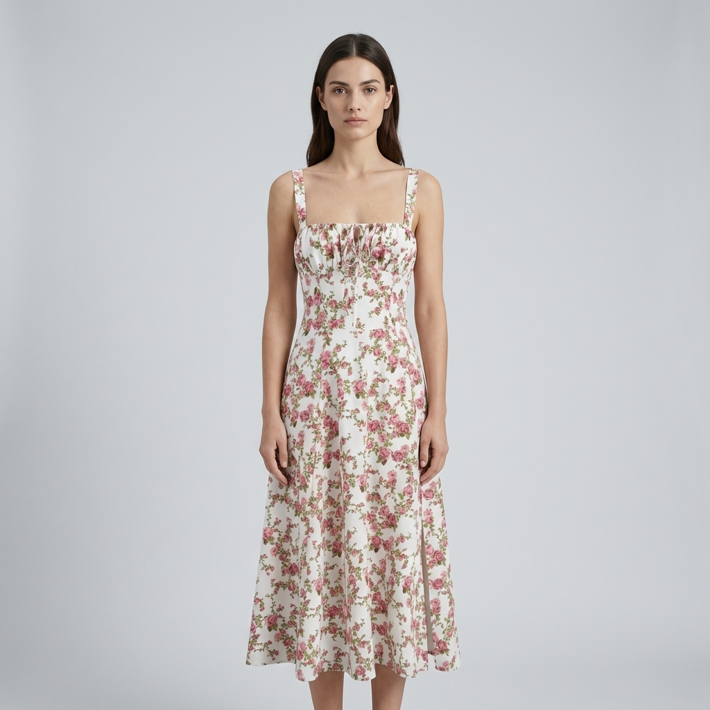 Elegante abito midi estivo con motivo floreale a boccioli di rosa