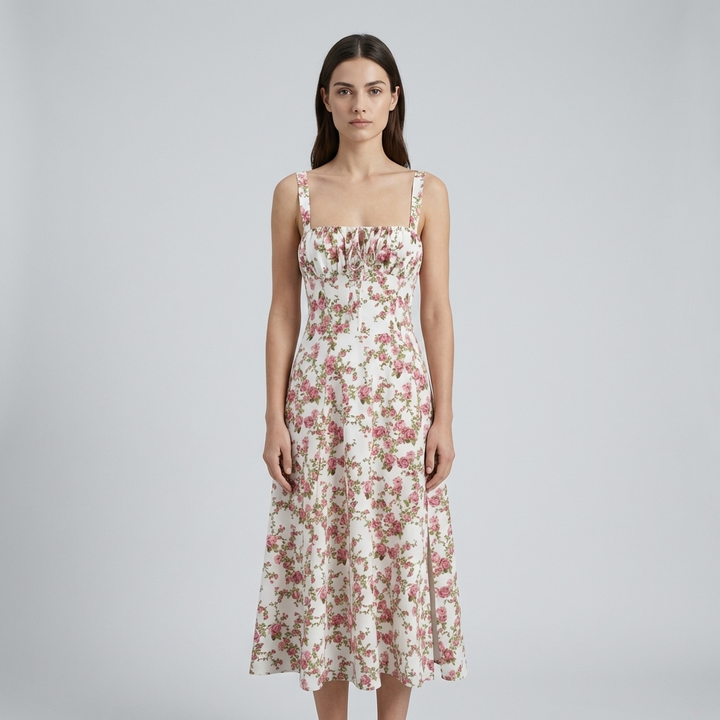 Elegante abito midi estivo con motivo floreale a boccioli di rosa