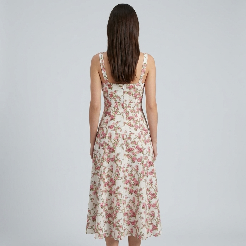 Elegante abito midi estivo con motivo floreale a boccioli di rosa