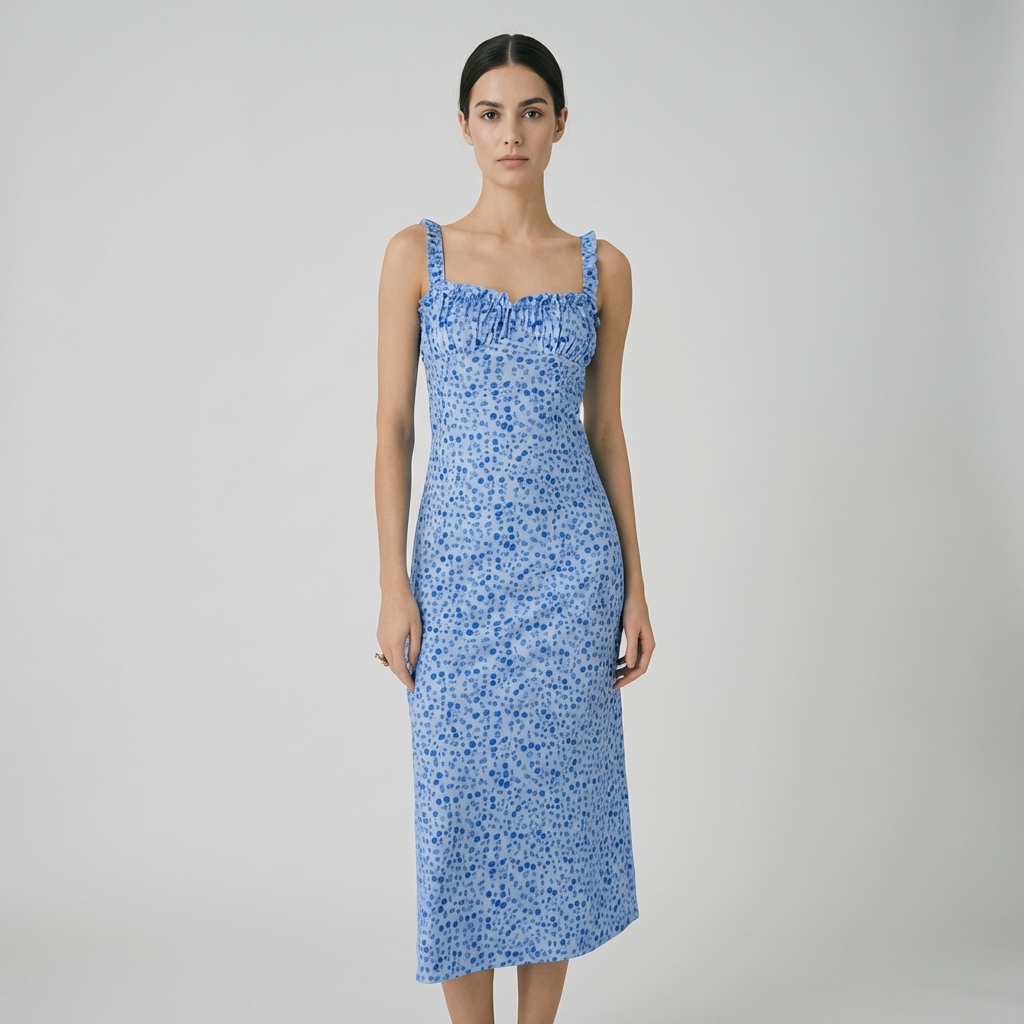 Elegante abito midi bohemien con spalline e stampa floreal