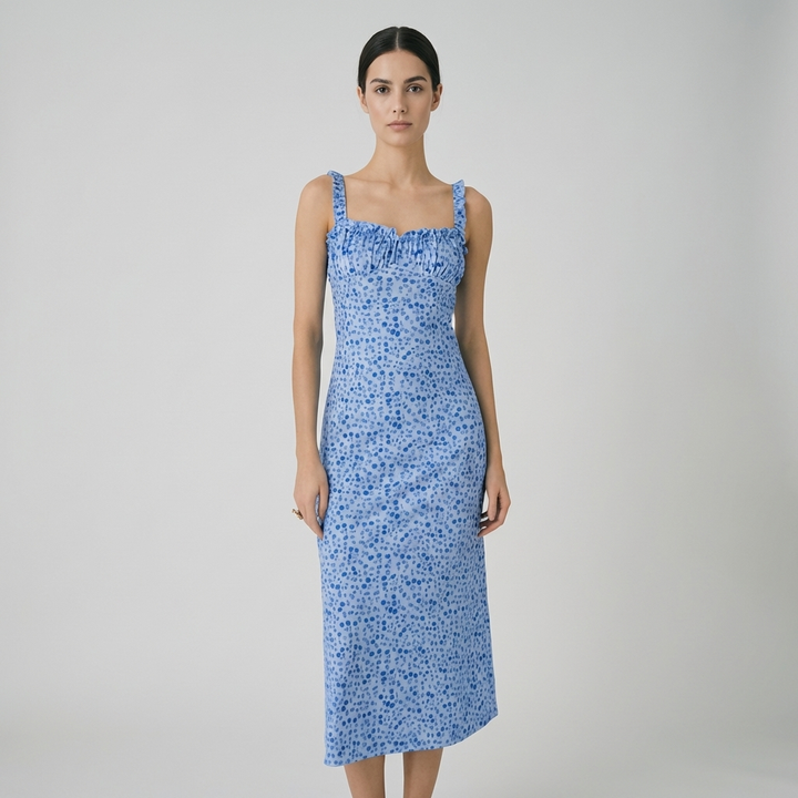 Elegante abito midi bohemien con spalline e stampa floreal