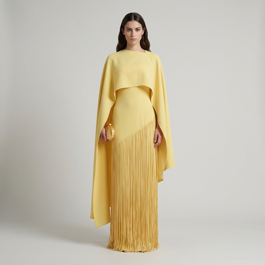 Abito cerimonia raffinato giallo frange