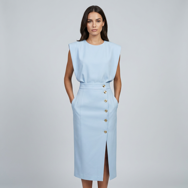 Elegante Abito Midi Scollo Rotondo Spacco