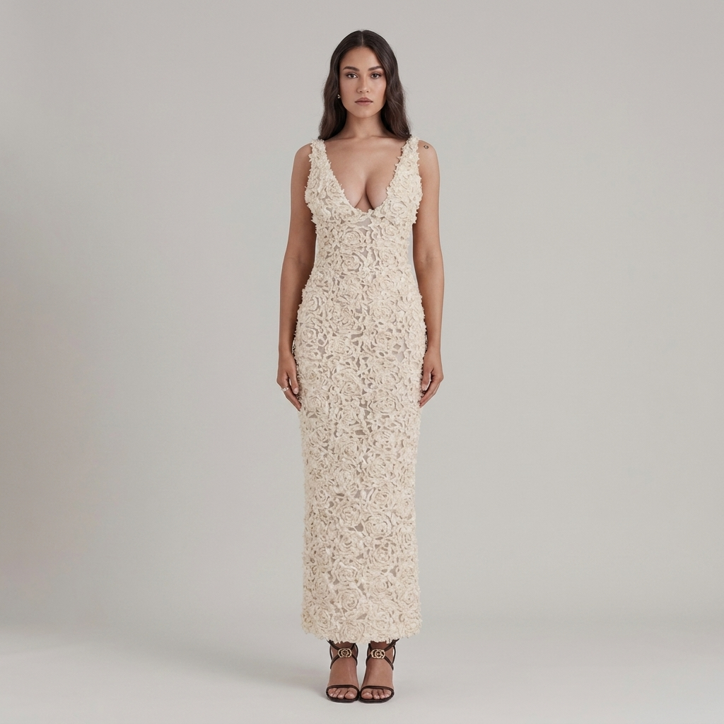 Abito Midi Donna Etereo Pizzo Tubino Spalline Larghe Cerimonia