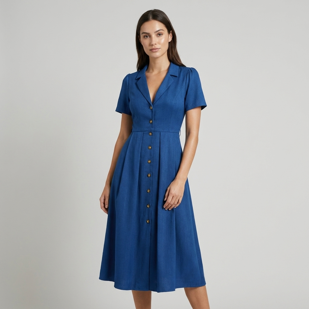 Abito midi donna plissettato con bottoni blu