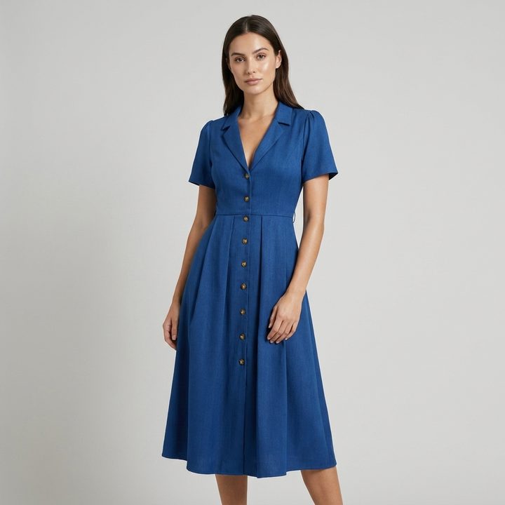Abito midi donna plissettato con bottoni blu