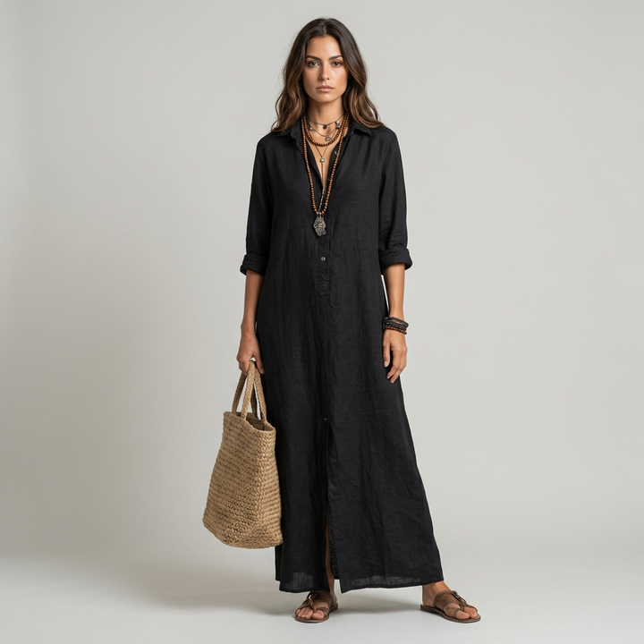 Abito maxi donna nero elegante con bottoni
