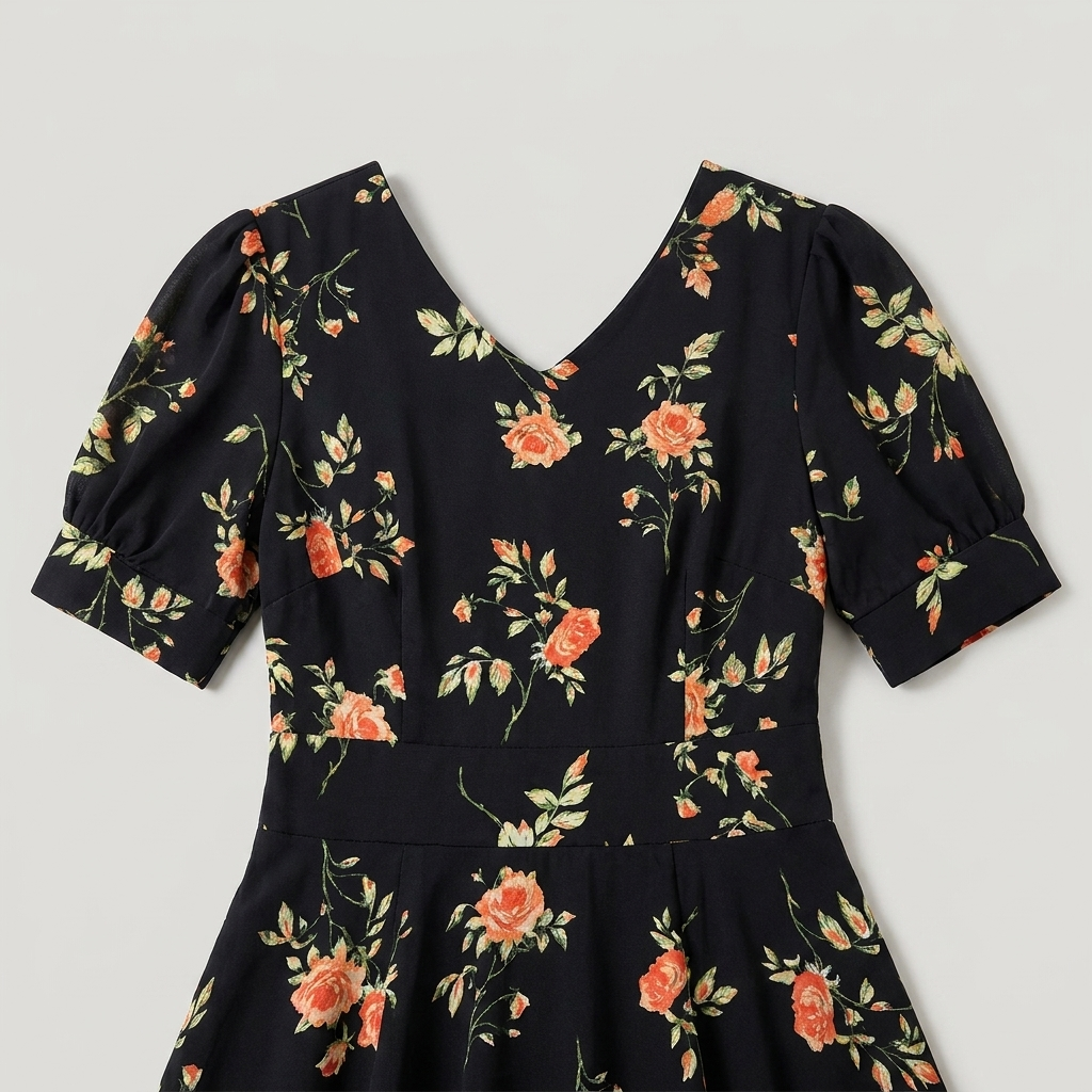 Abito estivo midi floreale con scollo a V e motivi floreali neri