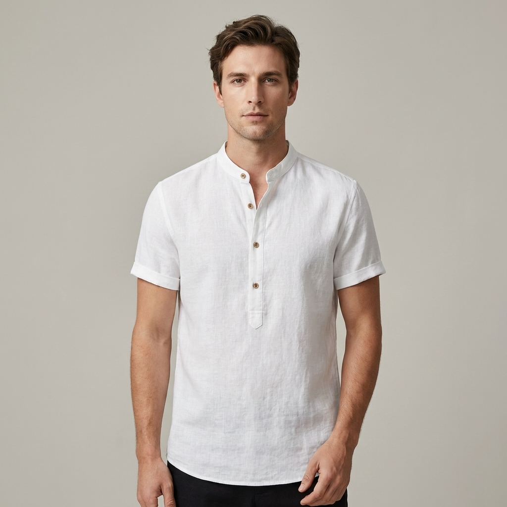 Camicia in Lino Manica Corta Collo alla Coreana