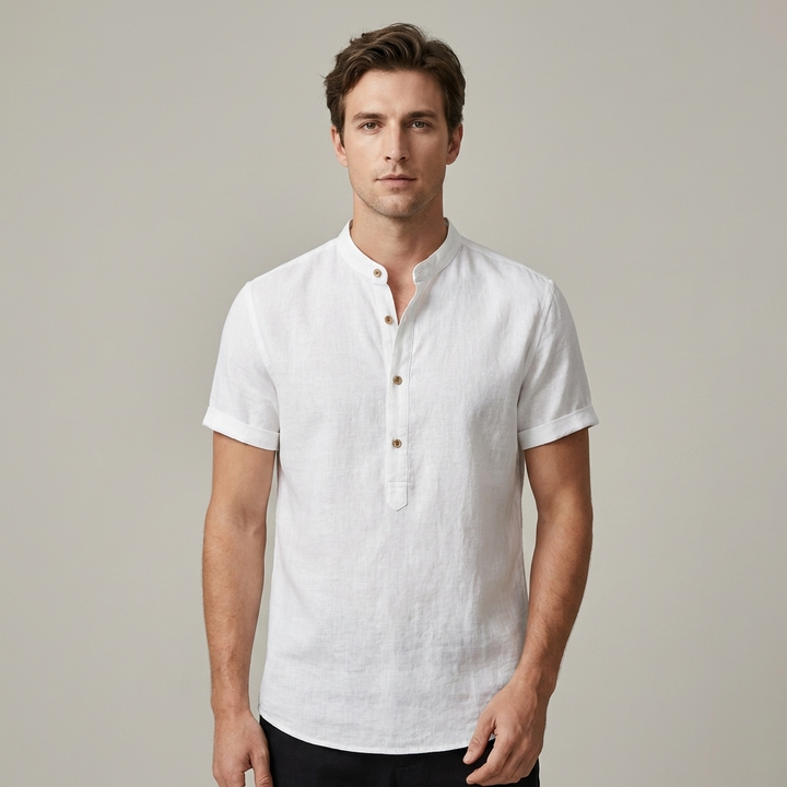Camicia in Lino Manica Corta Collo alla Coreana