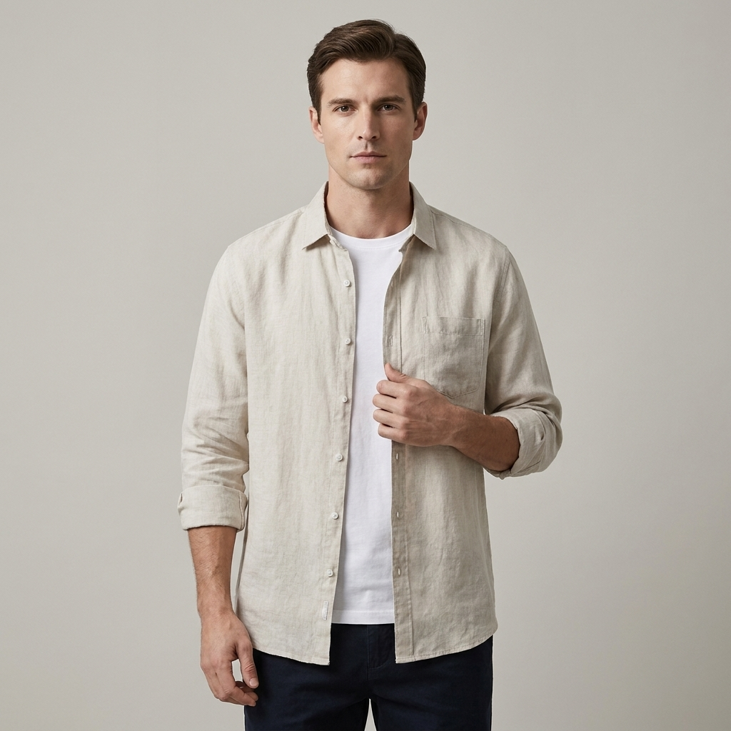 Camicia in Lino Uomo 100% Lino Manica Lunga Taglio Regolare