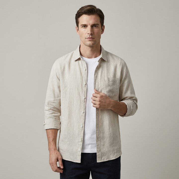 Camicia in Lino Uomo 100% Lino Manica Lunga Taglio Regolare