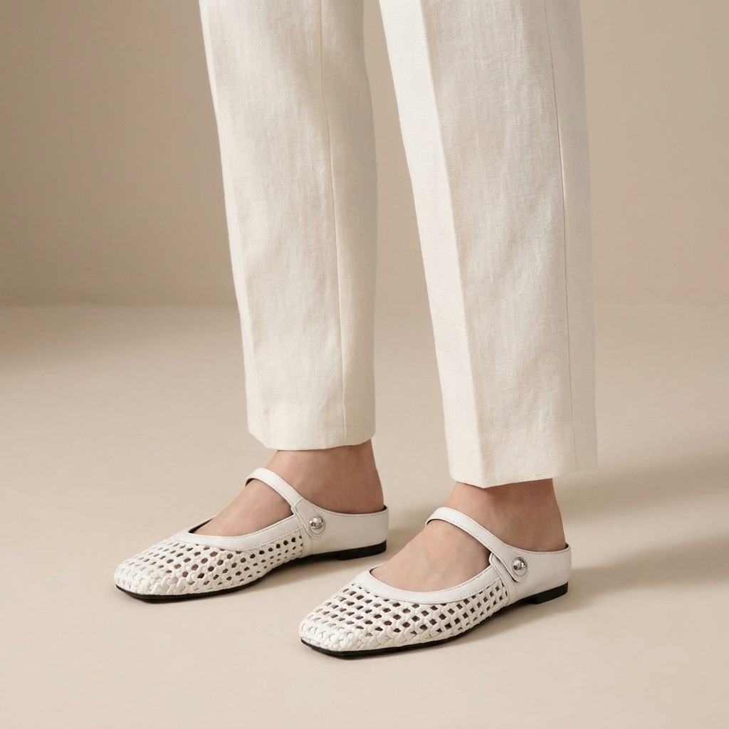 Ballerine Donna Intrecciate Dorate Modello Mary Jane con Cinturino