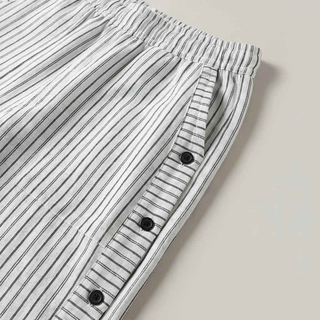 Pantalone a Righe in Lino e Cotone con Dettaglio Bottoni