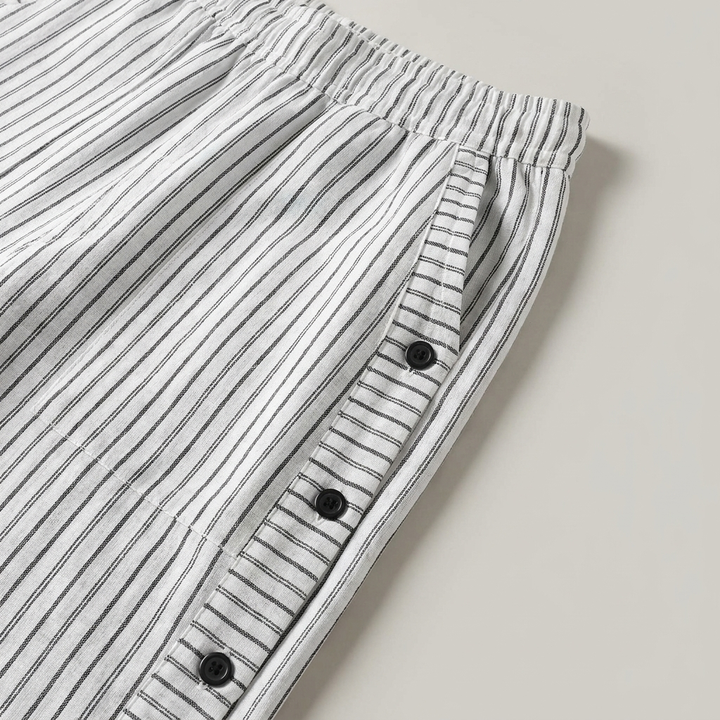 Pantalone a Righe in Lino e Cotone con Dettaglio Bottoni