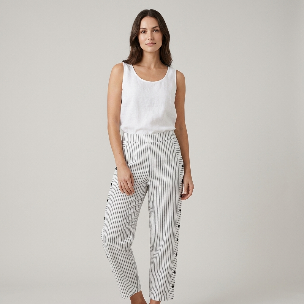 Pantalone a Righe in Lino e Cotone con Dettaglio Bottoni