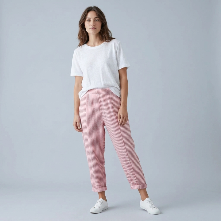 Pantalone Donna a Righe in Polyester con Vita Alta e Coulisse