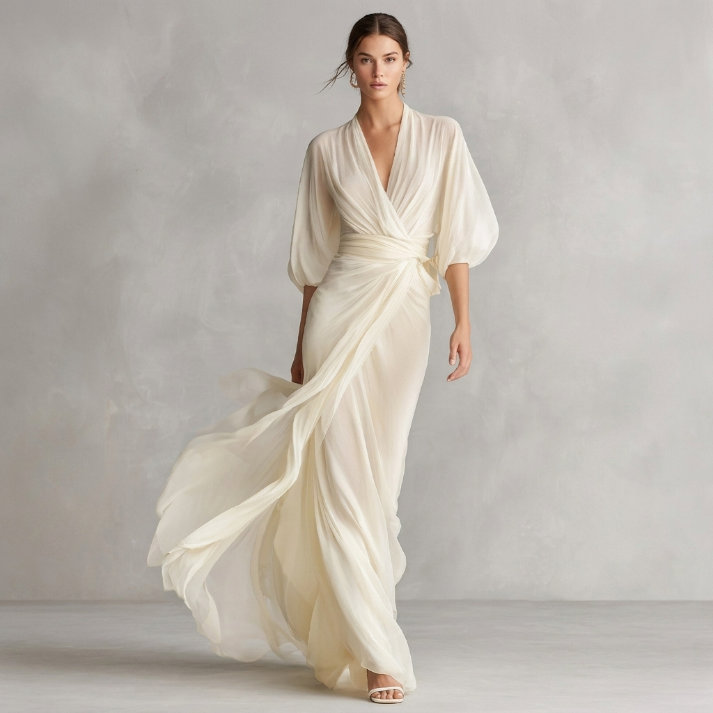 Abito Lungo in Chiffon Avorio con Maniche a Sbuffo e Drappeggio