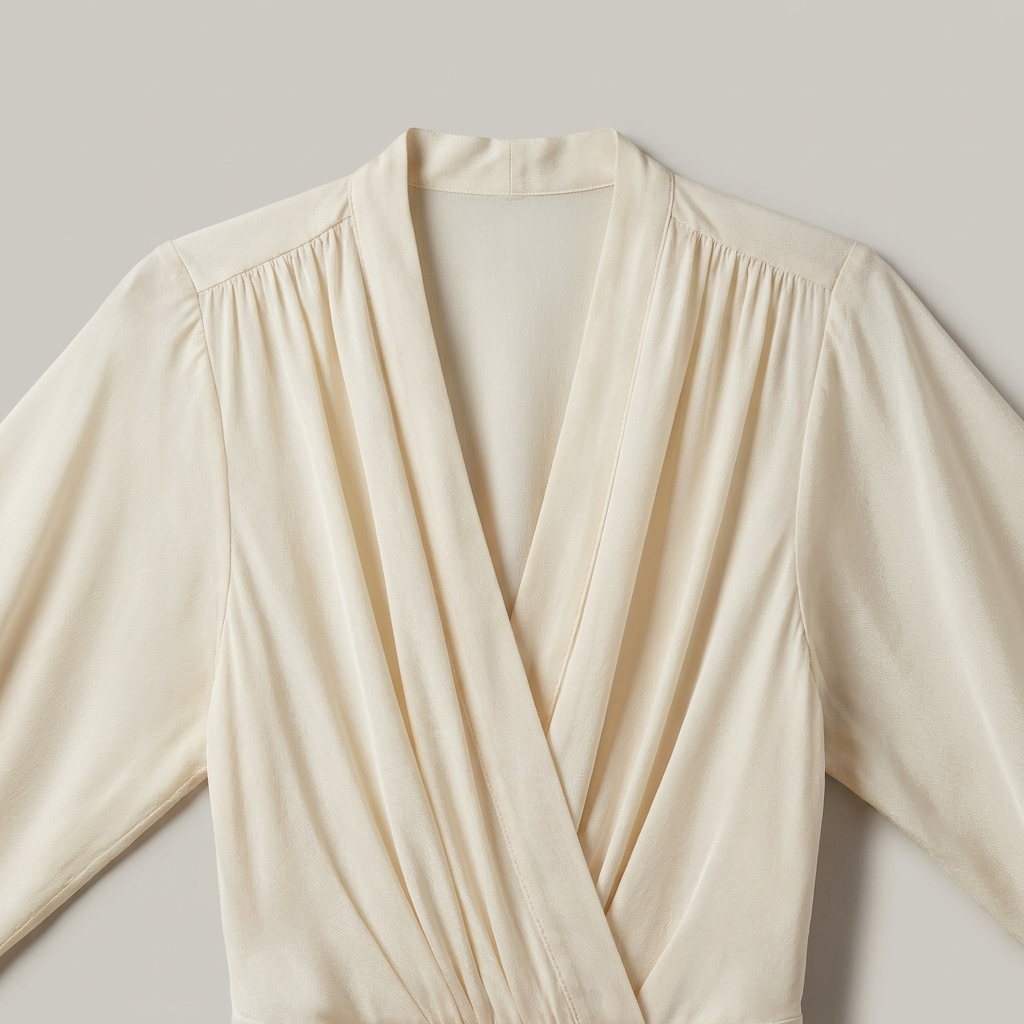 Abito Lungo in Chiffon Avorio con Maniche a Sbuffo e Drappeggio