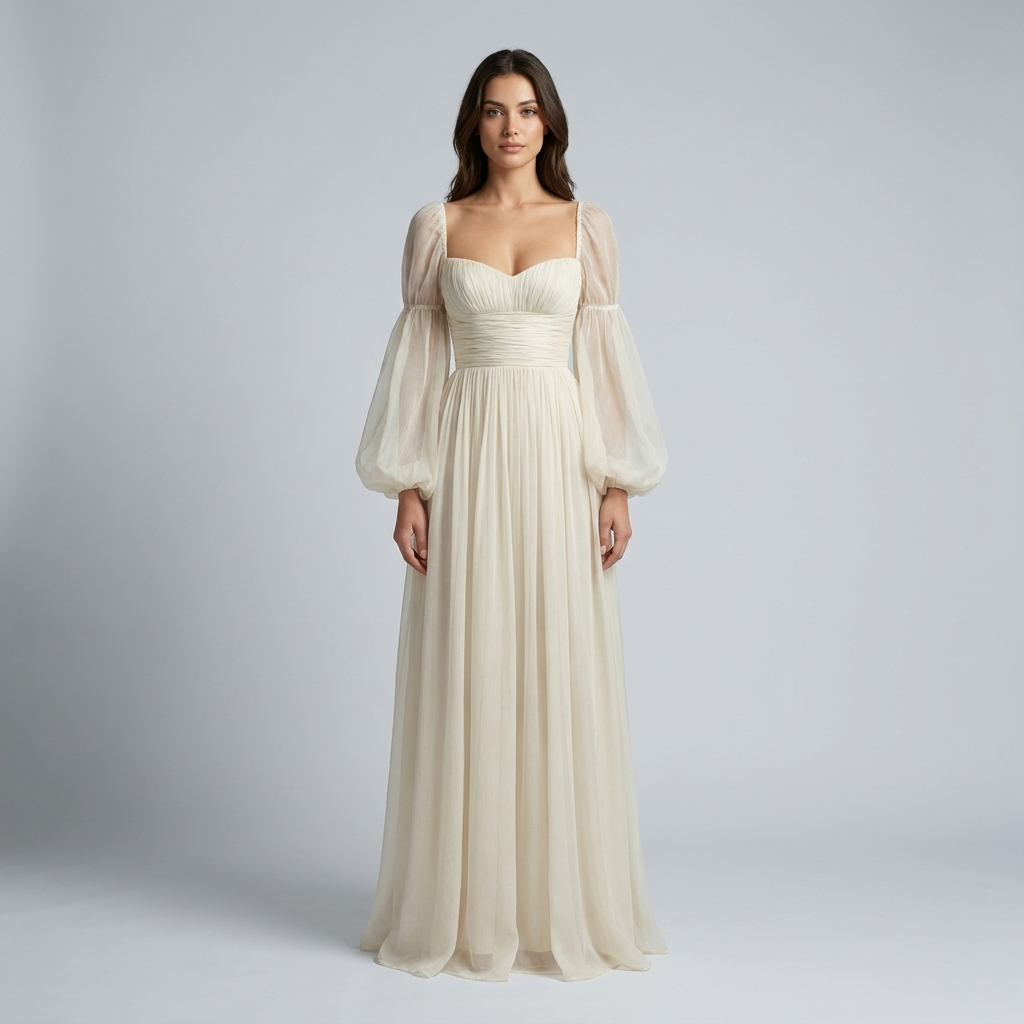 Abito Lungo in Chiffon con Scollo Quadrato e Maniche Lunghe