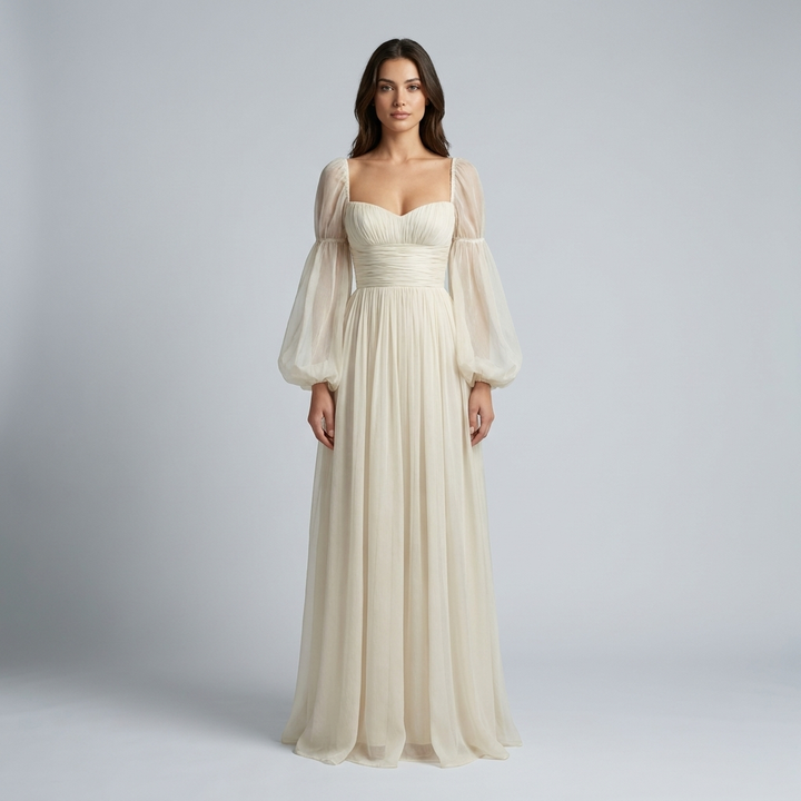 Abito Lungo in Chiffon con Scollo Quadrato e Maniche Lunghe