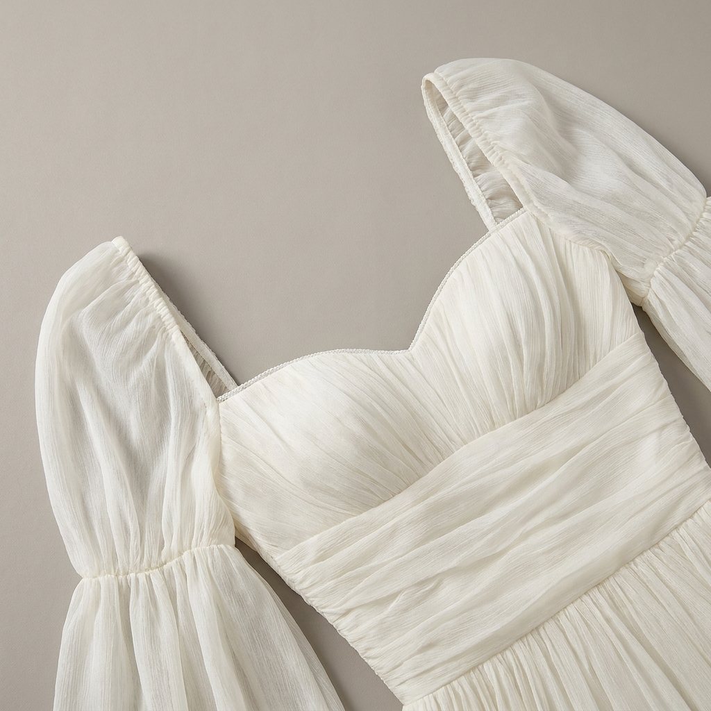 Abito Lungo in Chiffon con Scollo Quadrato e Maniche Lunghe