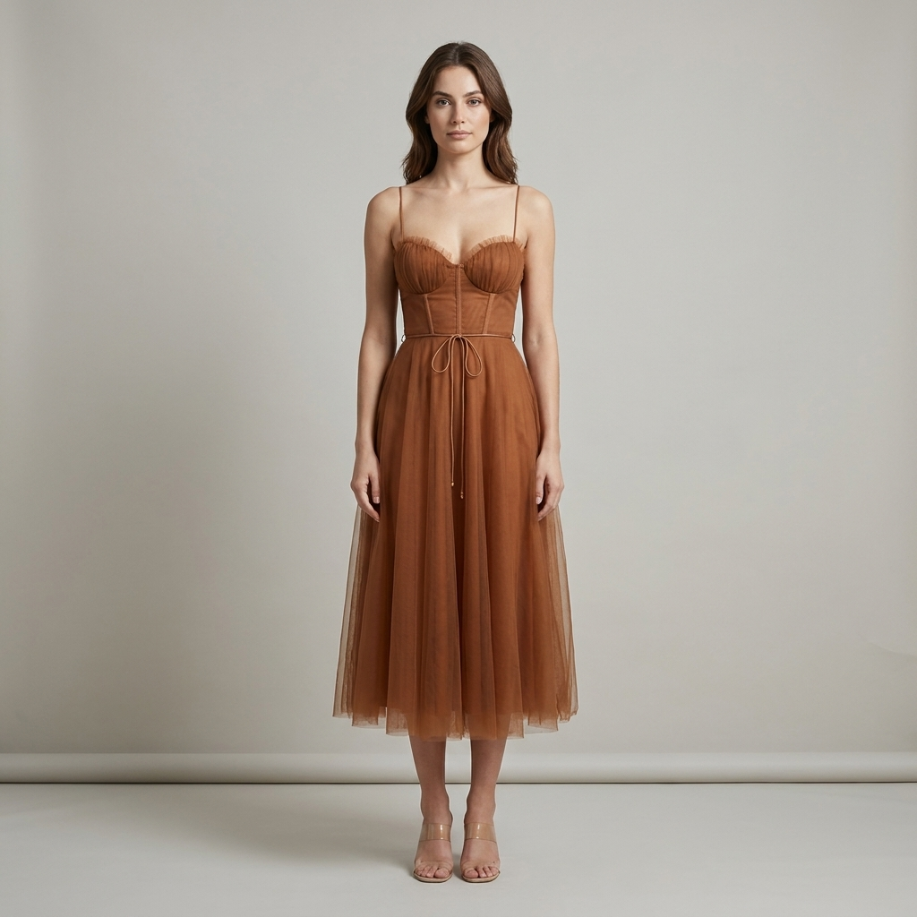 Abito Midi Elegante Donna Caramello in Raso e Mesh