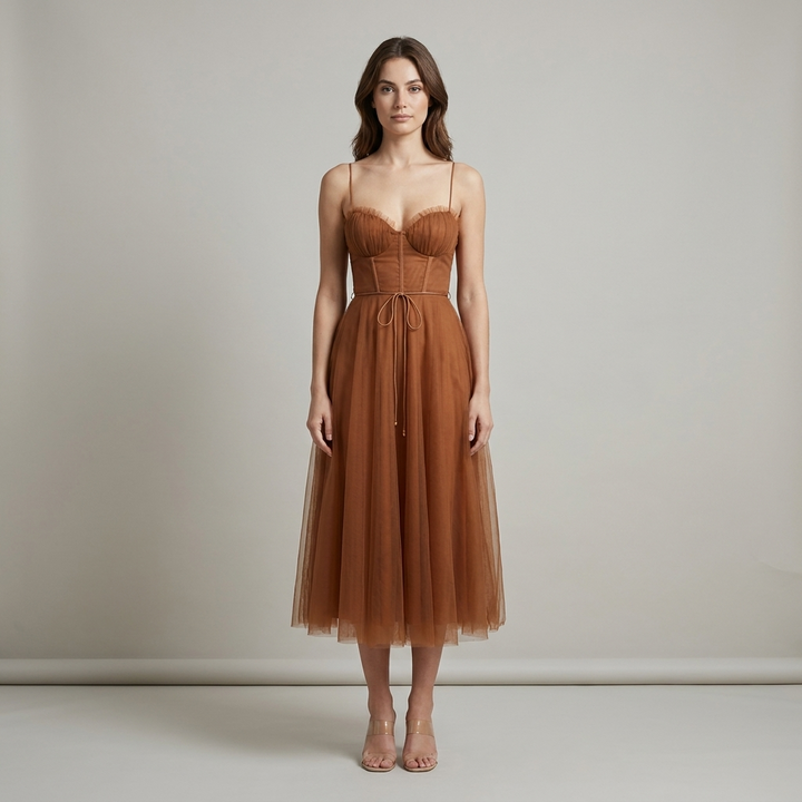 Abito Midi Elegante Donna Caramello in Raso e Mesh