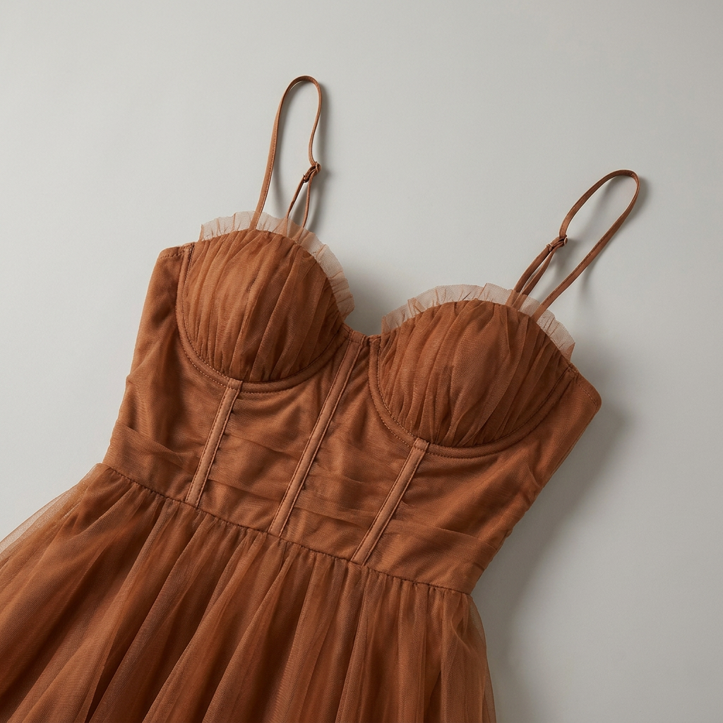 Abito Midi Elegante Donna Caramello in Raso e Mesh