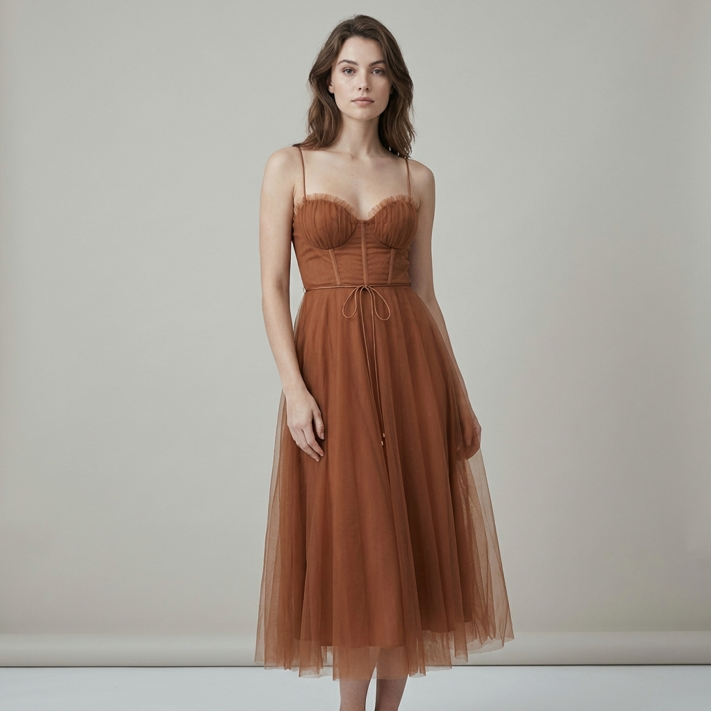 Abito Midi Elegante Donna Caramello in Raso e Mesh